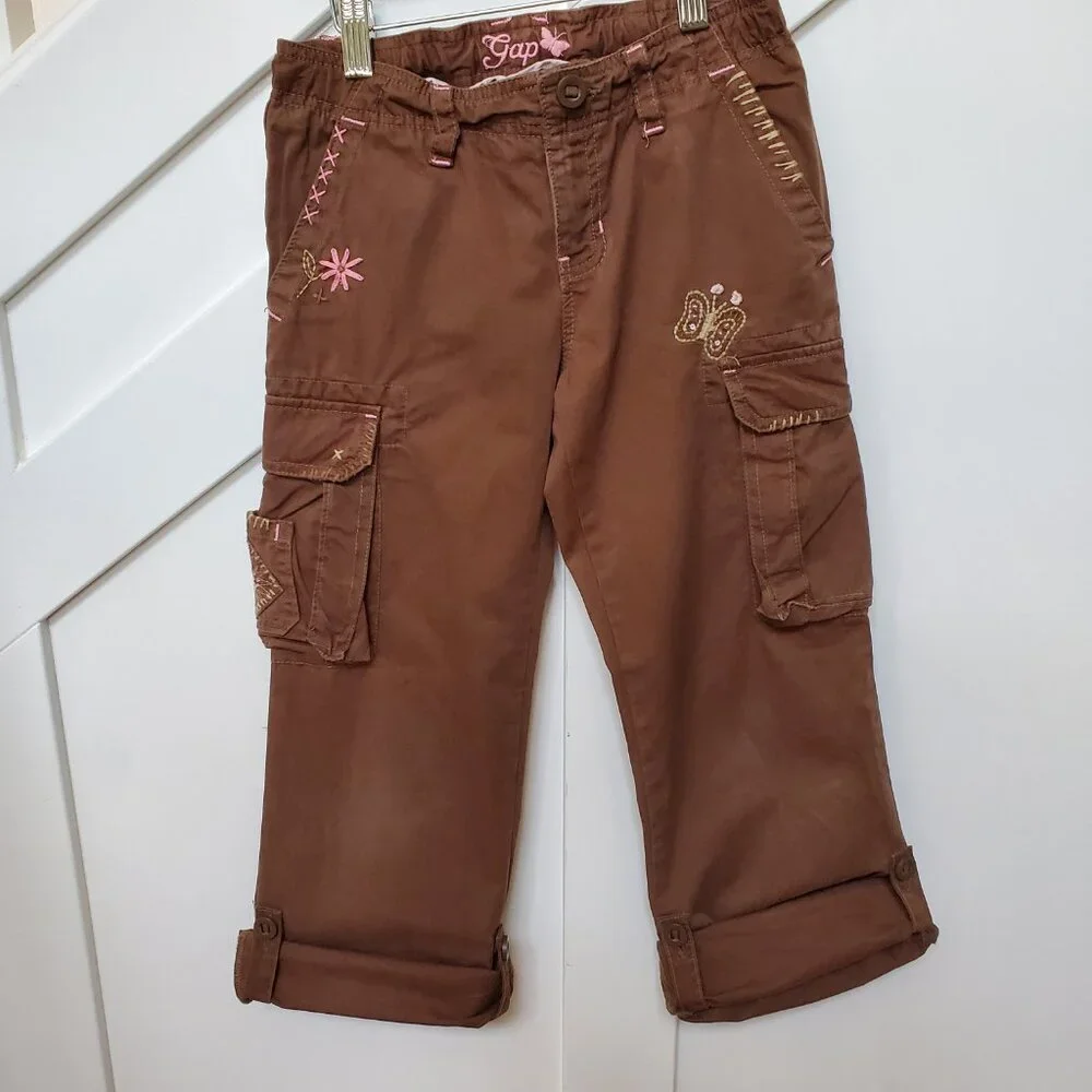 Brown cargo pants butterfly  flower embroidered clam diggers